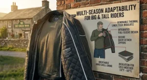 Inside view of a big and tall motorcycle jacket featuring a removable thermal quilted liner for cold weather.