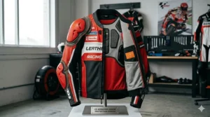 Detailed view of CE-approved internal armor and padding inside a replica MotoGP jacket.