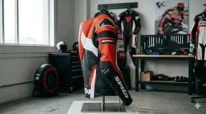 Side profile of a replica MotoGP jacket highlighting the aerodynamic speed hump for high-speed stability.