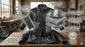 Close-up of a vintage-style brown leather men's cruiser motorcycle jacket with quilted stitching.