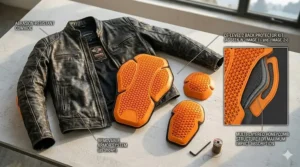 Distressed brown leather men's motorcycle jacket with a retro aesthetic and quilted shoulder details.