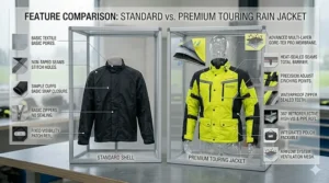 Infographic comparing the features of a dedicated touring motorcycle rain jacket versus a standard rain shell.