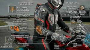 Rear view illustration of a track day racing jacket featuring a streamlined aerodynamic speed hump.