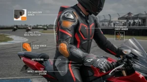 Illustration showing the CE-certified Level 2 armor inserts inside a track day racing jacket.