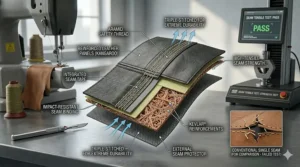 Close-up technical drawing of the heavy-duty triple-stitched safety seams used in professional kangaroo leather racing gear.