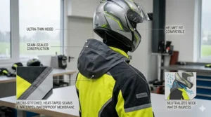 Illustration of an ultra-thin under-helmet hood attached to a touring motorcycle rain jacket to stop water from running down the neck.