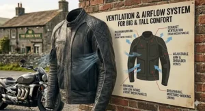 Close-up of breathable mesh panels on a big and tall motorcycle jacket designed for summer riding comfort.