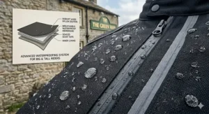 A waterproof textile big and tall motorcycle jacket with sealed zippers and a rain-resistant outer shell.