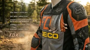 A waterproof dirt bike riding jacket designed for enduro racing and wet trail conditions.