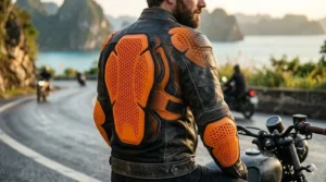 A gray waterproof textile men's motorcycle jacket designed for adventure touring and all-weather riding.