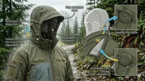 Illustration showing the adjustable and stowaway hood design of a professional military spec tactical jacket.