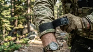 Close-up of adjustable hook-and-loop velcro wrist cuffs on a tactical MultiCam field coat.