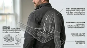 Vector illustration showing the left and right-hand internal pocket configurations for an ambidextrous civilian concealed carry tactical jacket draw.