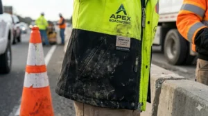 An ANSI Class 3 hi-vis jacket with a black bottom panel to hide dirt, grease, and wear on a job site.