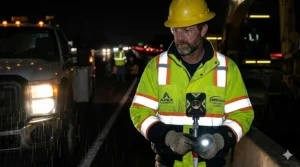 A construction worker wearing an ANSI Class 3 hi-vis jacket illuminated by headlights during night shift work.