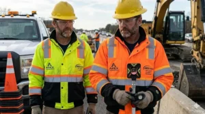 Side by side comparison of fluorescent orange and lime green ANSI Class 3 hi-vis jackets for complex work environments.