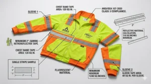 Technical diagram highlighting the minimum square inches of reflective tape required on an ANSI Class 3 hi-vis jacket.