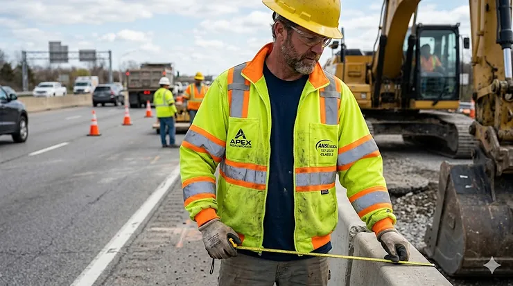 A premium ANSI Class 3 hi-vis jacket in fluorescent lime yellow featuring retroreflective silver tape for maximum roadside safety visibility.