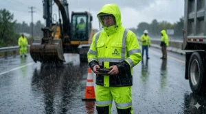 Waterproof ANSI Class 3 hi-vis rain jacket with sealed seams and a detachable hood for stormy outdoor work conditions.