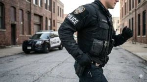 A side-view tracking shot of an officer running, showing the articulated sleeves and elbow stretch panels flexing dynamically for full mobility.