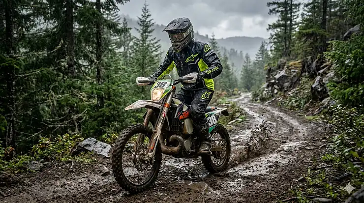 A professional motocross rider wearing a high-visibility dirt bike rain jacket while riding through a muddy trail.