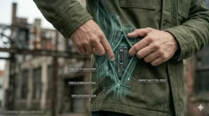 Graphic illustration showing the quick-access side zippers on a CCW-friendly civilian tactical jacket.