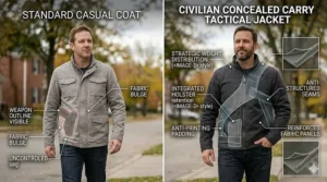 A side-by-side comparison illustration of a regular casual coat and a civilian concealed carry tactical jacket, demonstrating how the tactical version prevents printing.