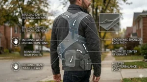 A blueprint illustration showing how a civilian tactical jacket distributes the weight of a firearm and extra magazines across the shoulders to prevent sagging.