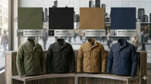 A color guide showing a civilian tactical jacket available in black, navy blue, coyote tan, and olive green.