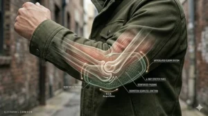 Technical drawing highlighting the articulated elbows and flexible seams on a mobility-focused civilian tactical jacket.