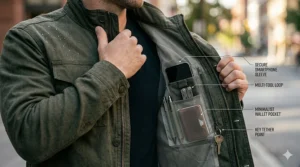 Diagram highlighting the concealed interior pockets and storage compartments of a civilian tactical jacket.