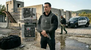 Graphic illustrating anti-printing design technology in a concealed carry police jacket to keep firearms completely hidden.