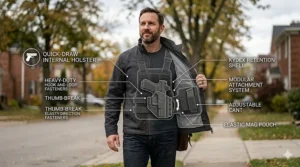 An illustration detailing the internal holster system of a civilian tactical jacket, showcasing the built-in pocket and retention straps for a compact handgun.