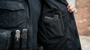 An interior view of the jacket partially open to reveal a dedicated concealed carry (CCW) pocket and integrated retention holster securing a sub-compact pistol.