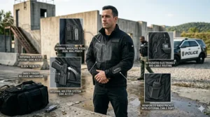 Interior diagram of a concealed carry police jacket highlighting the universal hidden holster system.