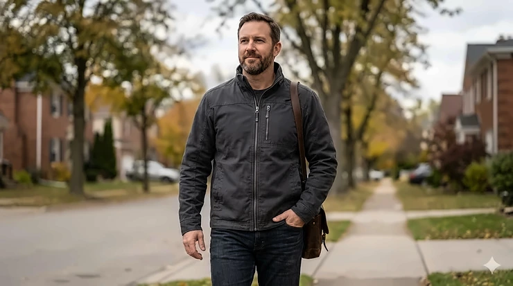 A civilian wearing a sleek concealed carry tactical jacket while walking down a suburban street, showing its casual everyday appearance. concealed carry tactical jacket civilian