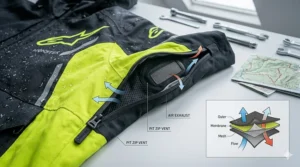 Diagram showing the underarm vents and back exhaust ports on a rain jacket for dirt bike riding.