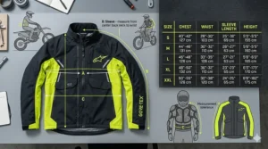 An illustrated size guide showing how to measure for a dirt bike rain jacket to ensure a comfortable fit over body armor.