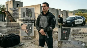 Close-up illustration of reinforced stitching on a tactical police jacket built to support heavy concealed carry items.