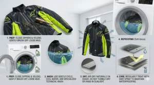 A step-by-step graphic showing the proper way to clean and maintain a dirt bike rain jacket to preserve its waterproof coating.