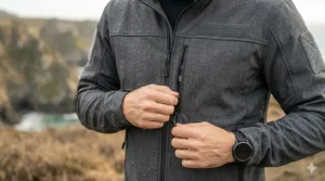Rear view of a low profile tactical jacket highlighting the articulated shoulders for unrestricted movement.