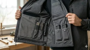 Close up of quick access pass through zippers on a low profile tactical jacket for concealed carry.