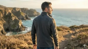 A photorealistic 4K view of the detailed charcoal grey low profile tactical jacket worn by a man during golden hour on a coastal trail.