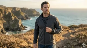 Front view of a minimalist low profile tactical jacket in olive drab green showing its clean lines.
