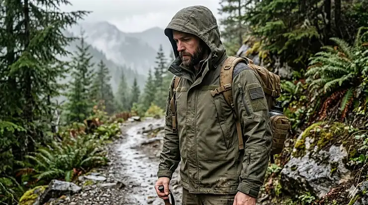 Front view of a black military spec tactical jacket with reinforced elbows and multiple utility pockets in a rainy outdoor setting.