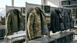 A selection of special forces jackets displayed in various camouflage patterns including Multicam and Stealth Black.