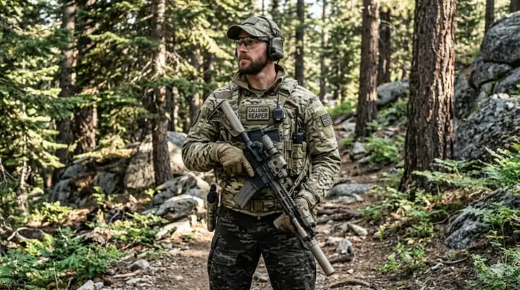 Front view of a waterproof MultiCam tactical jacket with adjustable hood and velcro patches for outdoor operations.