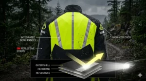 Illustration highlighting the reflective strips and neon accents on a rain jacket for improved visibility in dark, wet conditions.
