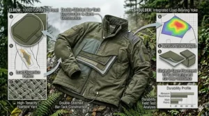 Highlighted illustration of the double-stitched reinforced elbows and shoulders on a military spec tactical jacket.