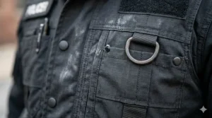 A close-up, high-detail photograph of the durable ripstop fabric, showing the grid weave and reinforced stitching of the law enforcement tactical jacket, with a visible water-resistant coating.